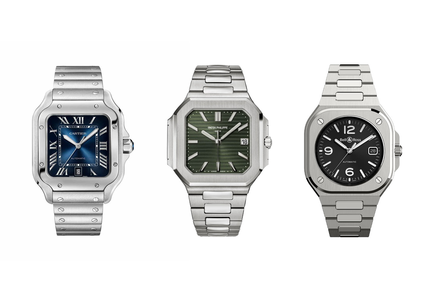 Comparison between Patek Philippe Cubitus, Cartier Santos and Bell & Ross BR-05